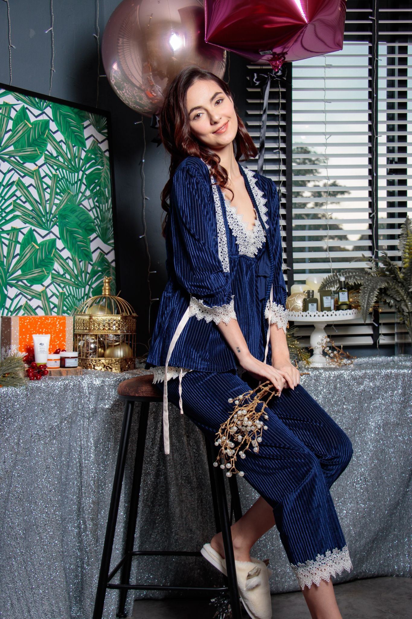 Vivacious Velvet & Crochet Lace Lounge Set in Sapphire Blue
